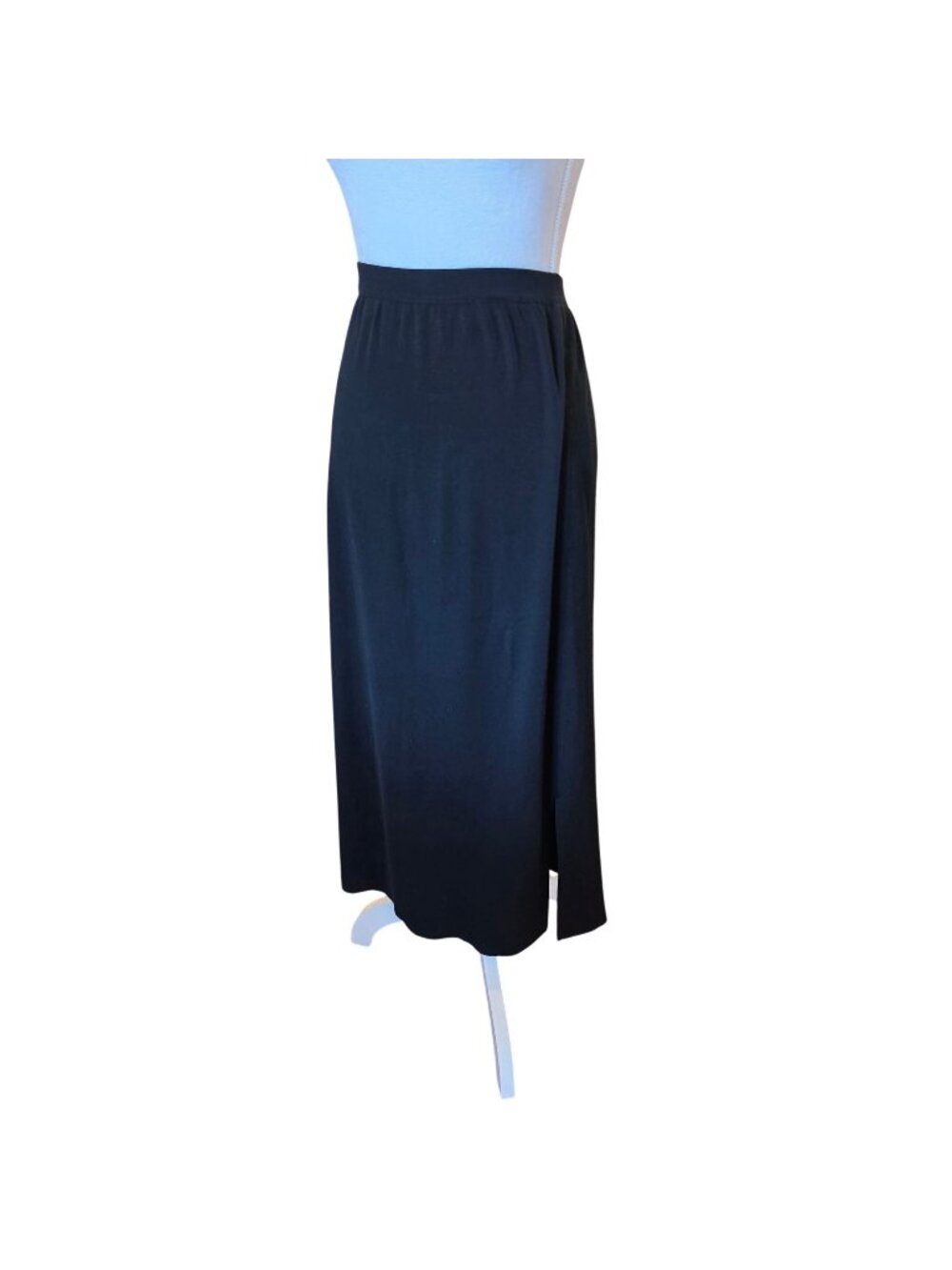 Ming Wang Black Knit Midi Skirt Size Large Pull On Elastic Waist Slit
